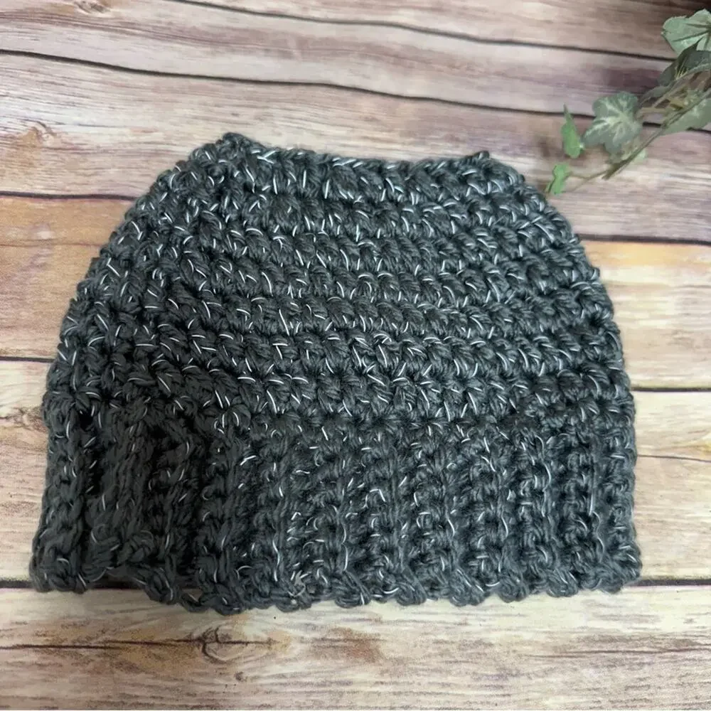 Chunky Gray Knit Messy Bun Beanie, Reflective threading.